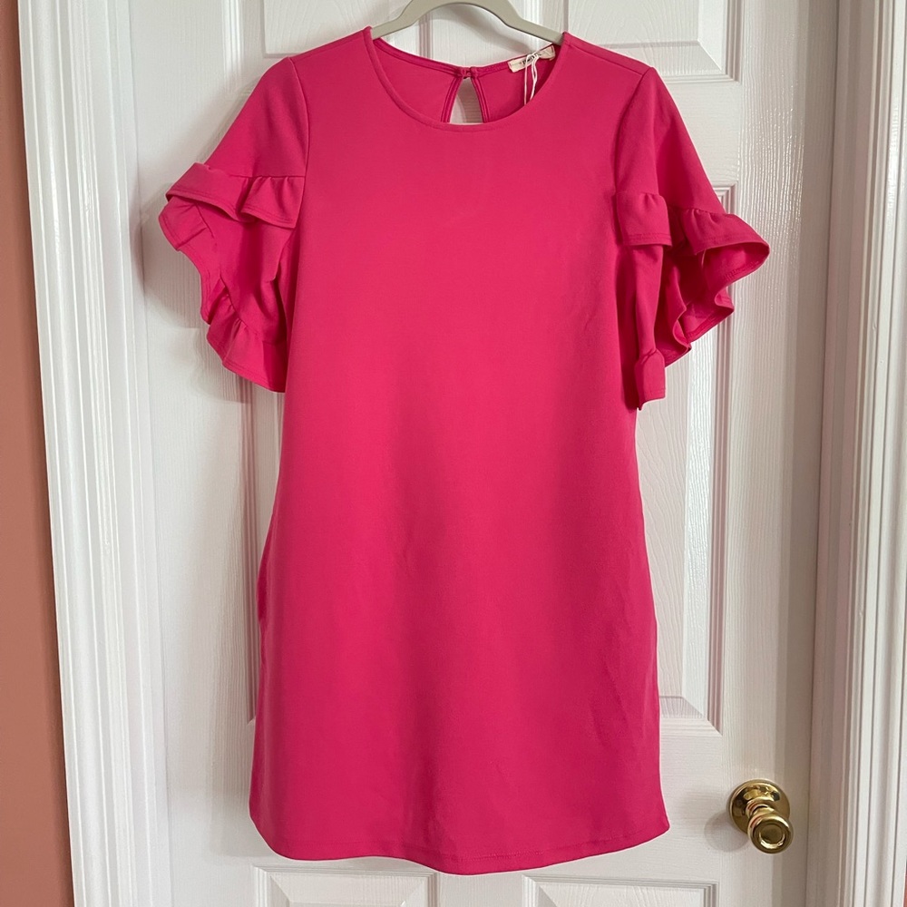 First Love Hot Pink Shift Dress with Ruffle Detail Sleeves and  Pockets NWOT